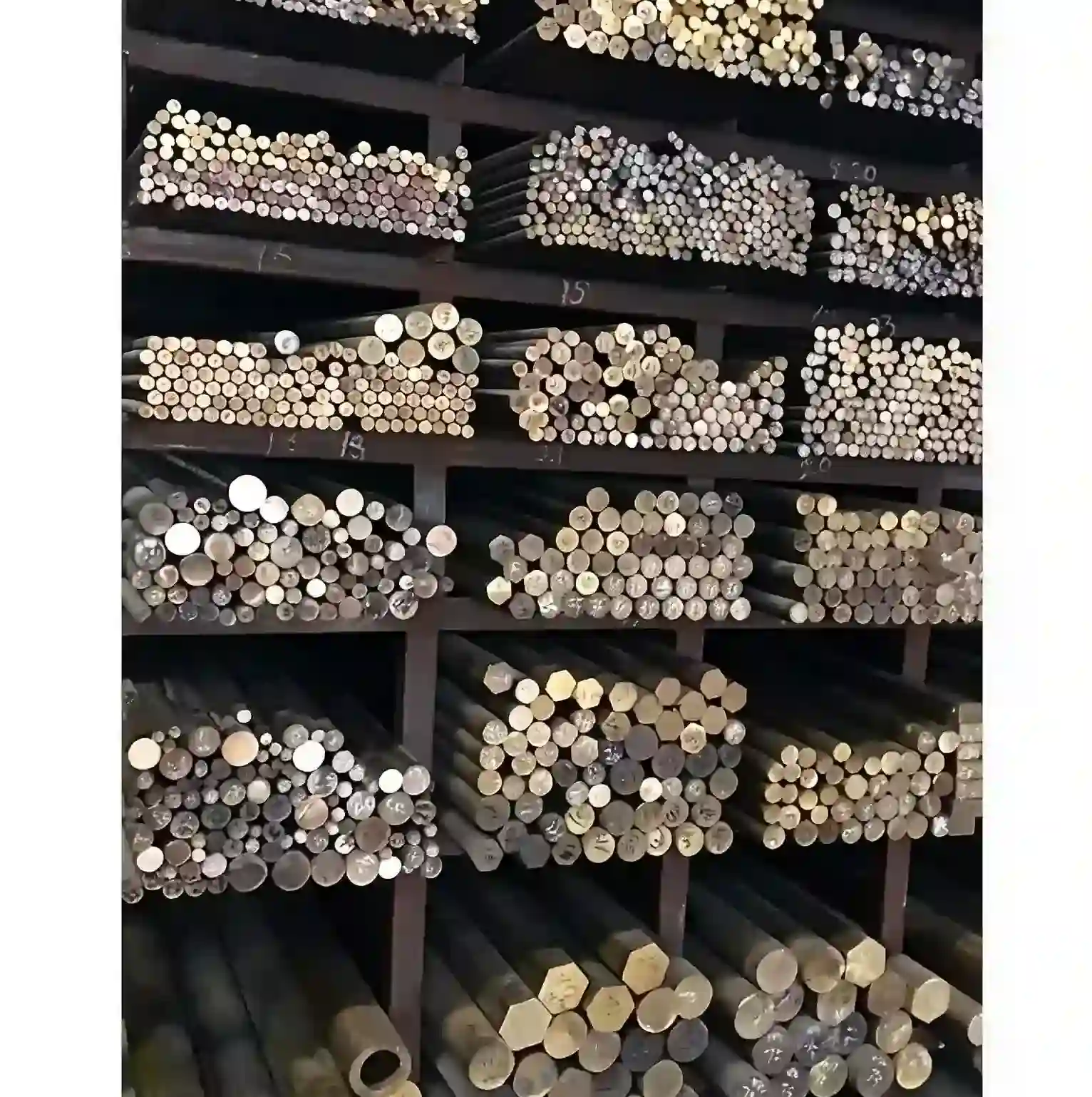Yellow brass and copper bars in industrial stock